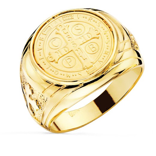 18k Gold Men's Signet Ring Saint Benedict Cross 16mm Width 22mm P8097-018SX