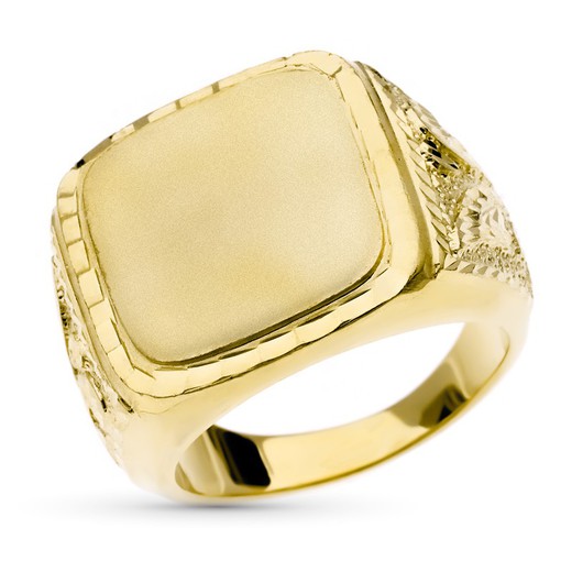 18kt Gold Signet Ring for Men Carved Square Matte 20x20mm P4166