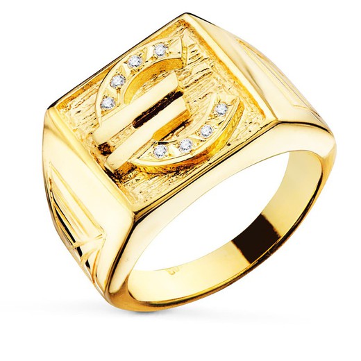 Men's Signet Ring Gold 18kts Euro with Zircons 16x16mm P4148