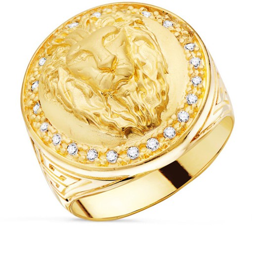 Signet Ring Man Gold 18kts Lion Zircons Lateral Greca Width 19mm P90010
