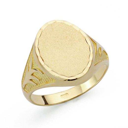 Solid 18kt guld Man Signet Ring snidade Palm Tree Oval Head P4335