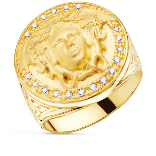 Man Signet Ring 18k Gouden Medusa Zirkonen Laterale Greca Breedte 19mm P90009