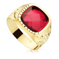 18kt Gold Man Signet Ring Ruby Spinel Stone 11x11mm 9828-RO