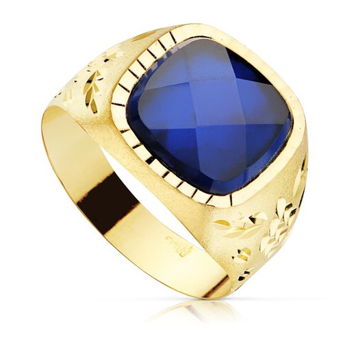 18kt Gold Man Signet Ring Blue Sapphire Spinel Stone 11x11mm 9828-AZ