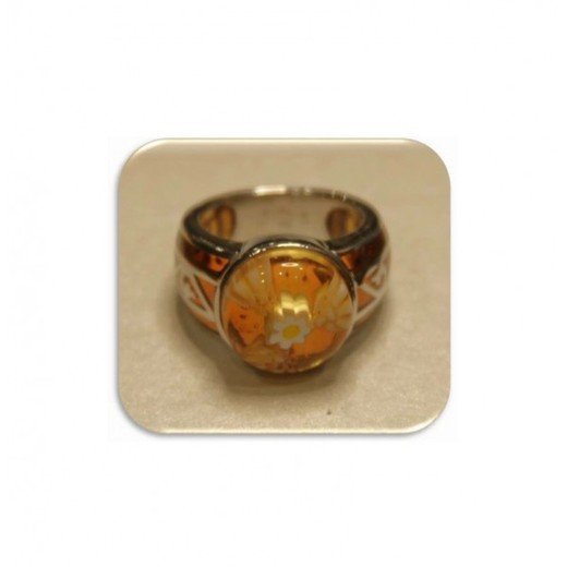 Anillo Xernus Plata Dorada NF1773 Flores En Resina Naranja