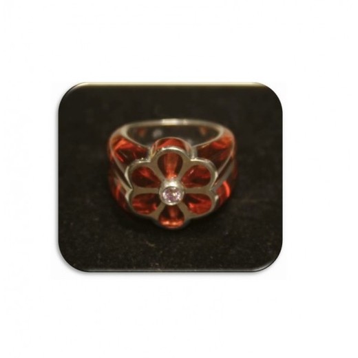 Anillo Xernus Plata NF1754 Floral Con Resina Roja