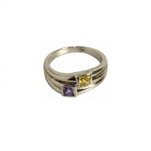 Anillo Xernus Plata NF1985 Cuadrados Violeta Y Amarillo