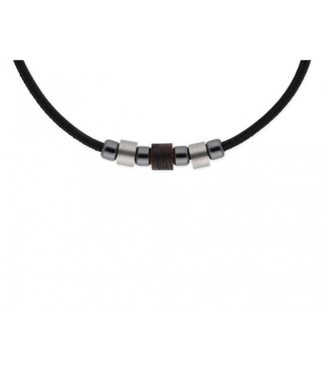 Collar Acero Liska Hombre NAT070CL Piel Negra Madera