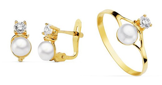 Comunione Set 18kts orecchini di perle e zirconi in oro e anello in oro 18k con zirconi e perla 20338
