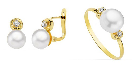 Communion Set 18kts Gold Pearl and Zirconia Earrings and 18kts Gold Ring Zircons and Pearl 20360