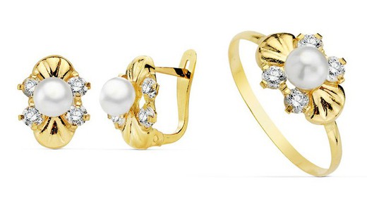 Comunione Set Orecchini in oro 18k con perle e zirconi e anello in oro 18k con Comunione 20703