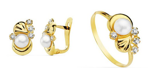 Comunione Set Orecchini in oro 18k con perle e zirconi e anello in oro 18k con Comunione 20704