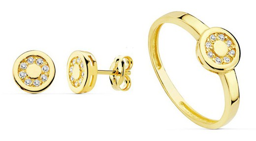 Communie set 18kts gouden ronde oorbellen en 18kts gouden ring zirkonen motief 20735
