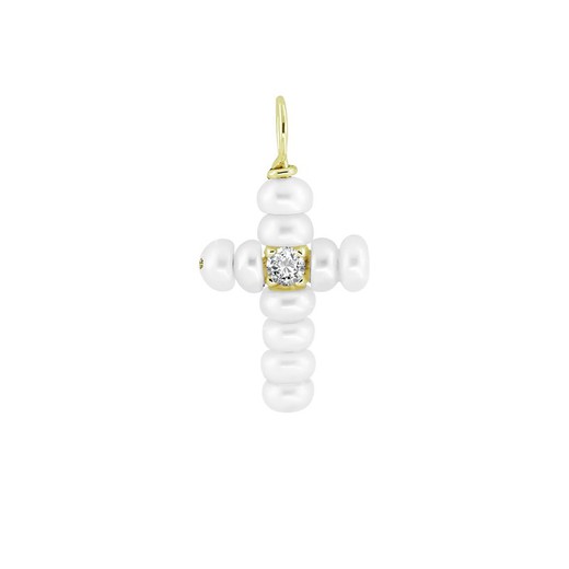 18 kt Gold Cross 10 Pearls Button 2.5-3mm Center Zirconia 4 little claws Oval Handle Thread Measurement Without Handle 12x9mm Approx. (WITHOUT CHAIN) 302833