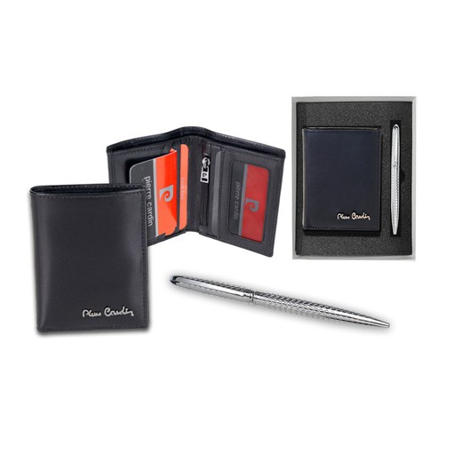 Kit Cartera Piel Negra +  Bolígrafo Pierre Cardin PCD330/2 Acero