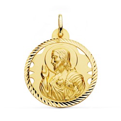 18kt Gold Heart of Jesus Medal Openwork Carved Helix Fence 28mm P5001-428