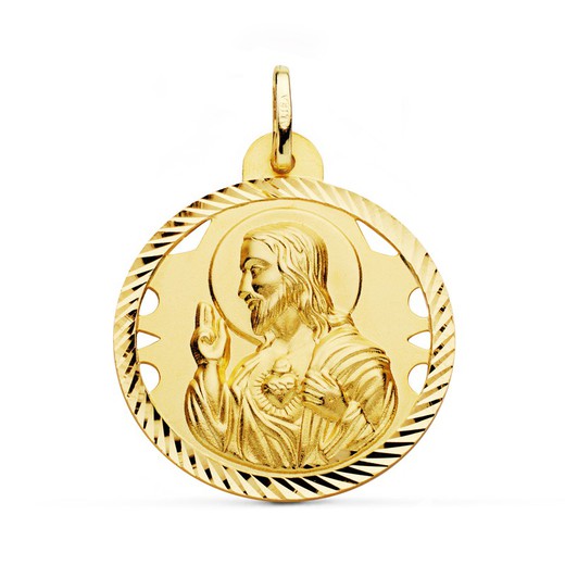 Χρυσό μετάλλιο 18 καρατίων Heart of Jesus διάτρητος σκαλιστός φράχτης έλικας 28 mm P5001-428