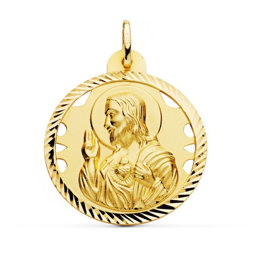 Χρυσό μετάλλιο 18 καρατίων Heart of Jesus διάτρητος σκαλιστός φράχτης έλικας 30mm P5001-430