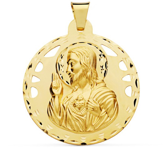 Ouro 18kt Medalha Coração de Jesus Escultura e Escultura 42mm P5001-442