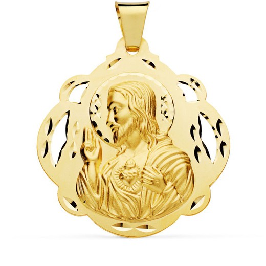 Herz-Jesu-Medaille 18 Karat Gold Durchbrochenes Tamburin 42 mm P5001-642