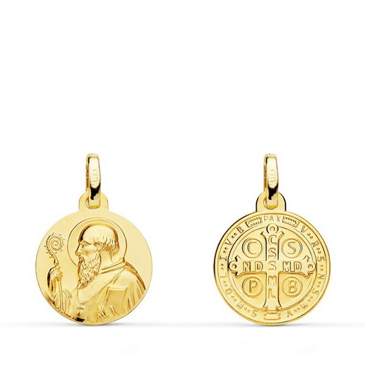 Scapular Medal Saint Benedict Monk Glat Guld 18kts 14mm P8097-014