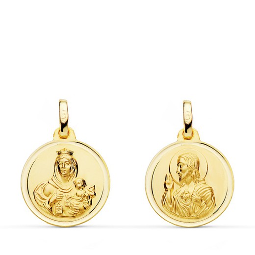 Medalha escapular Virgen del Carmen Coração Jesus 18kts Moldura de ouro 16mm P5003-116