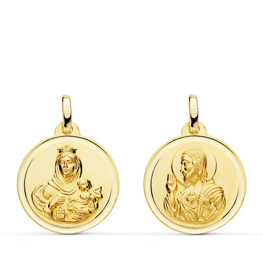 Medalha escapular Virgen del Carmen Coração Jesus 18kts Moldura de ouro 18 mm P5003-118