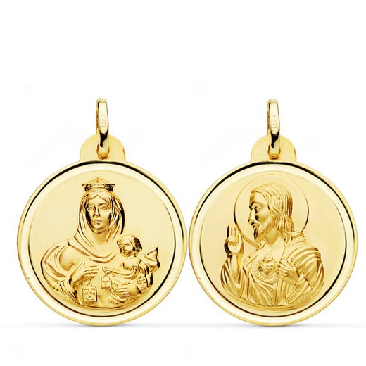 Medalha escapular Virgen del Carmen Coração Jesus Moldura de ouro 18kts 24 mm P5003-124
