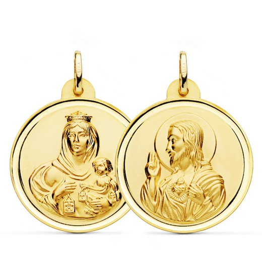 Scapulier medaille Virgen del Carmen hart Jezus gouden ring 18kts 28 mm P5003-128