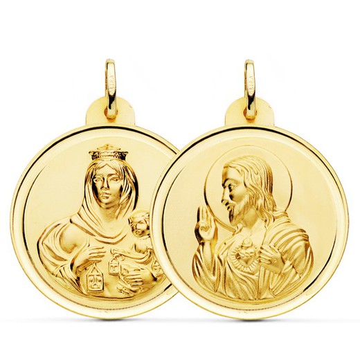 Medalha escapular Virgen del Carmen Coração Jesus Moldura de ouro 18kts 30 mm P5003-130