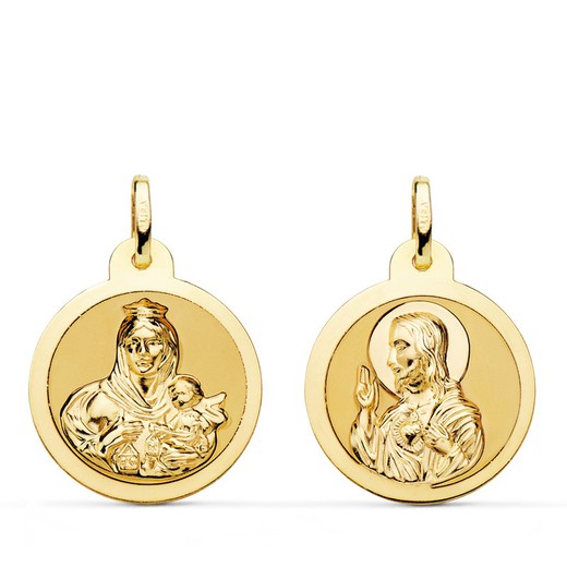 Medalla Escapulario Virgen del Carmen Corazón Jesús Brillo Oro 18kts 20mm P5003-820