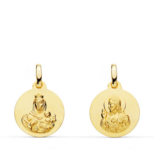 Scapulier medaille Virgen del Carmen hart Jezus glad goud 18kts 14 mm P5003-014