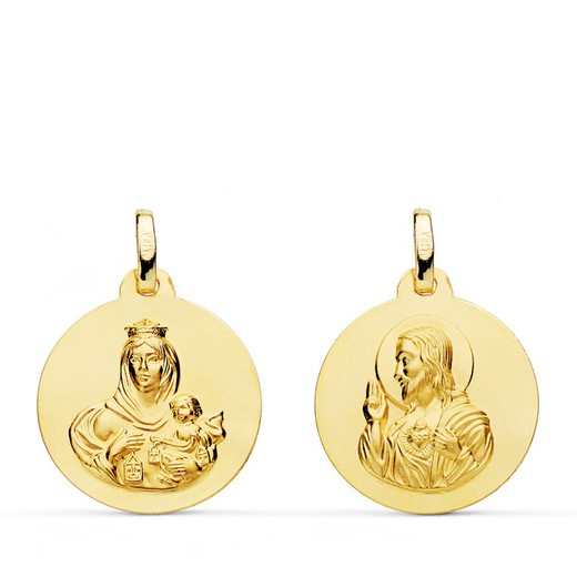 Scapulier medaille Virgen del Carmen hart Jezus glad goud 18kts 18 mm P5003-018