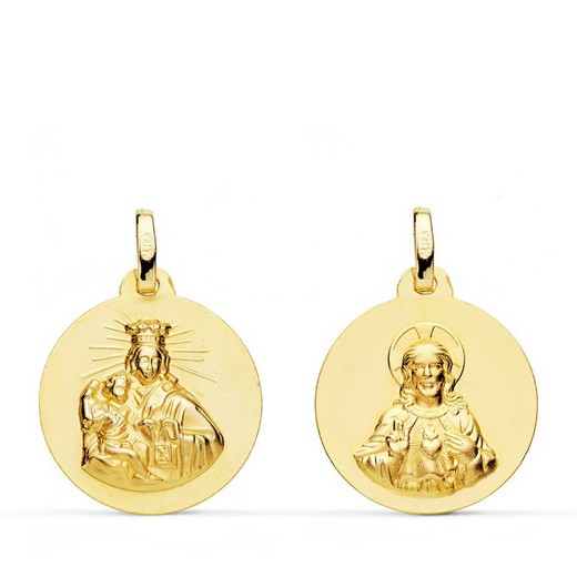 Scapulier medaille Virgen del Carmen hart Jezus glad goud 18kts 18 mm P5006-018