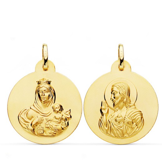 Scapulier Medaille Virgen del Carmen Hart Jezus Glad Goud 18kts 20mm P5003-020