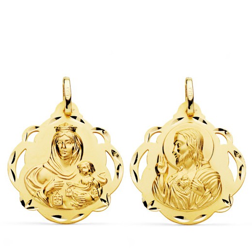 Medalik Szkaplerz Virgen del Carmen Serce Jezus Tamburyn Ażurowe Złoto 18kt 18mm P5003-618