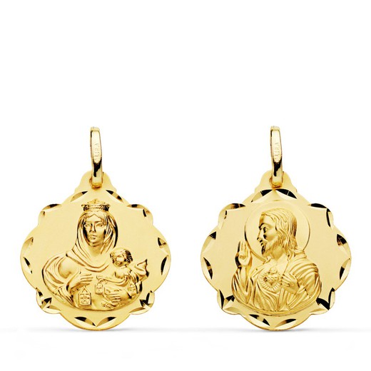 Scapular Medal Virgen del Carmen Heart Jesus Tambourine Gold 18kts 20mm P5003-520