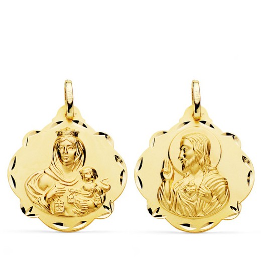 Scapular Medal Virgen del Carmen Heart Jesus Tambourine Gold 18kts 24mm P5003-524