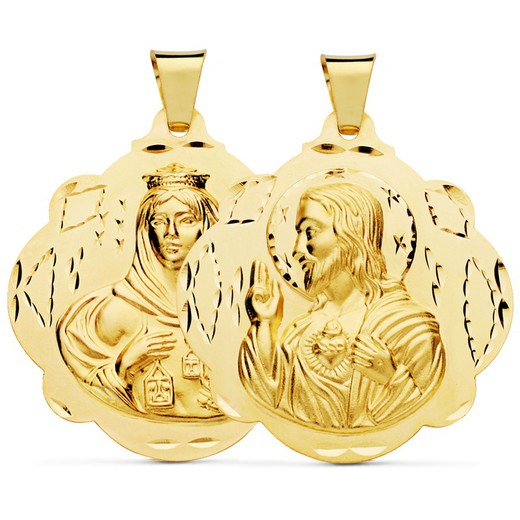 Medalla Escapulario Virgen del Carmen Corazón Jesús Pandereta Oro 18kts 42mm P5003-542