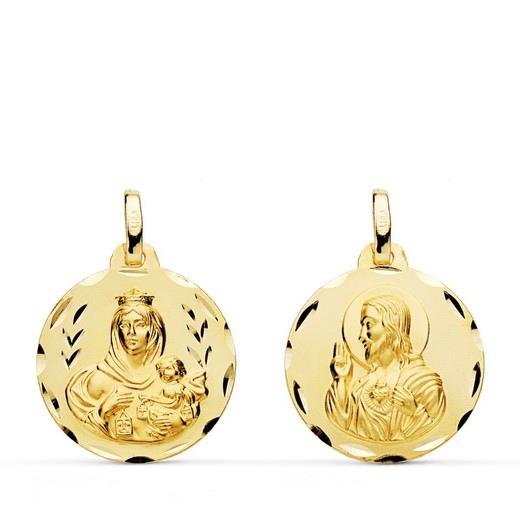 Medalha Escapular Virgen del Carmen Coração Jesus Esculpida em Ouro 18kts 18mm P5003-318