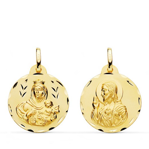 Medalha Escapular Virgen del Carmen Coração Jesus Esculpido em Ouro 18kts 20mm P5003-320