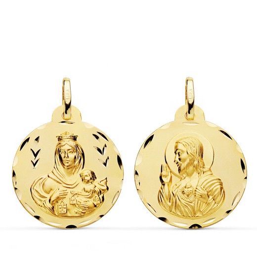 Scapular Medal Virgen del Carmen Heart Ιησούς Σκαλισμένο Χρυσό 18kts 22mm P5003-322