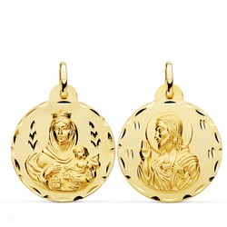 Scapular Medal Virgen del Carmen Heart Jesus Carved Gold 18kts 24mm P5003-324