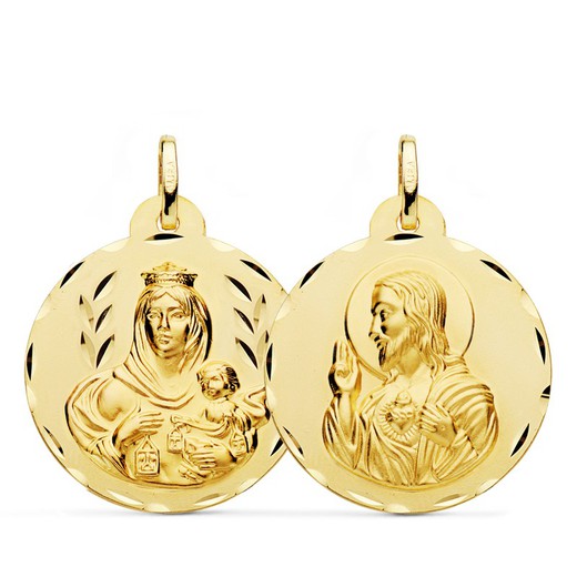 Medalla Escapulario Virgen del Carmen Corazón Jesús Tallado Oro 18kts 26mm P5003-326