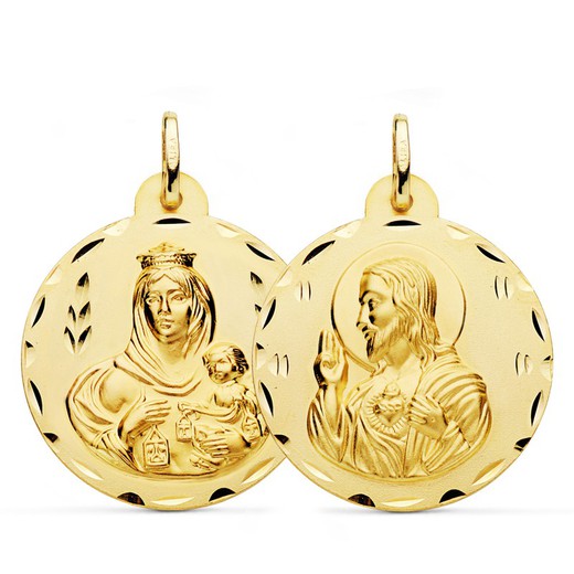 Medalla Escapulario Virgen del Carmen Corazón Jesús Tallado Oro 18kts 28mm P5003-328