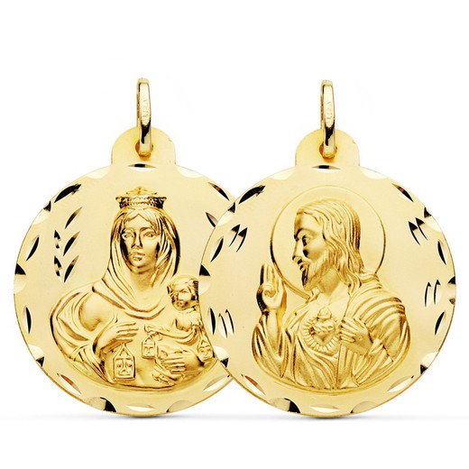 Scapular Medal Virgen del Carmen Heart Jesus Carved Gold 18kts 30mm P5003-330