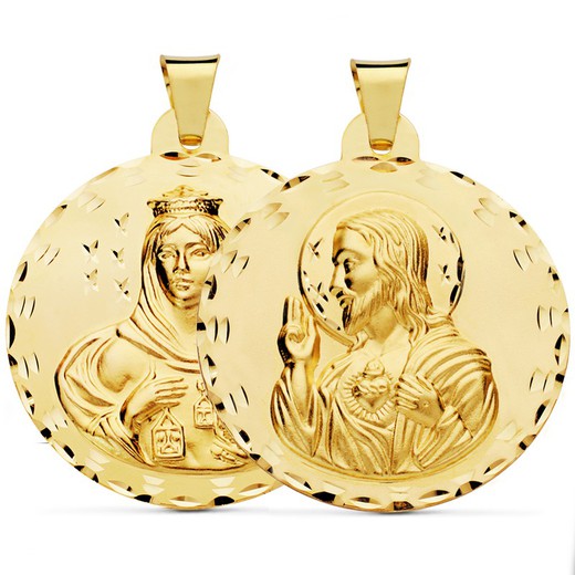 Medalla Escapulario Virgen del Carmen Corazón Jesús Tallado Oro 18kts 42mm P5003-342