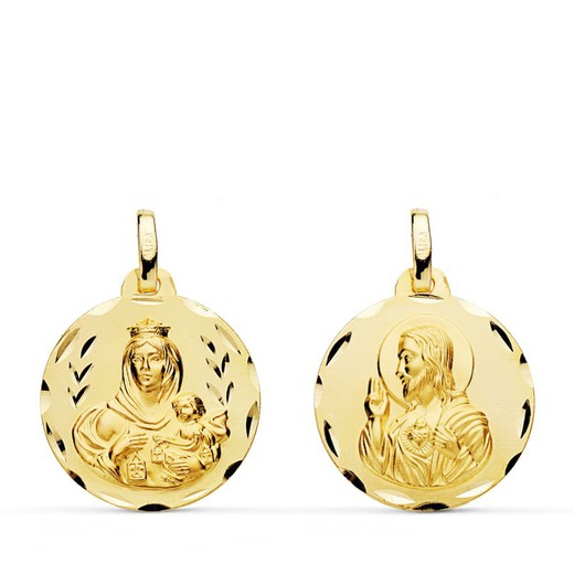 Medalla Oro 9kts 18mm 9KP5003-318 Virgen Del Carmen Y Corazón De Jesús