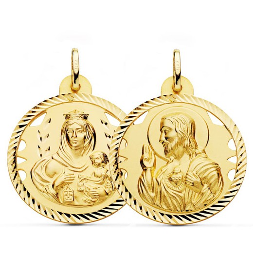 Medalla Oro 9kts 28mm 9KP5003-428 Virgen Del Carmen Y Corazón De Jesús