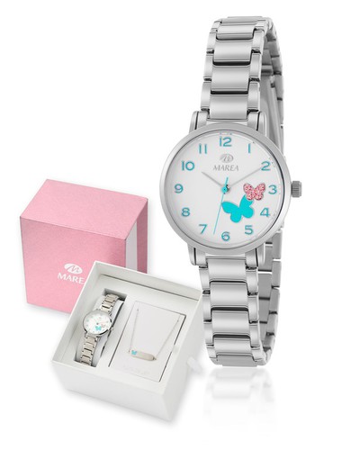 Pacote de comunhão Marea Girl Steel Watch e Pulseira Prata Borboleta B41303/4